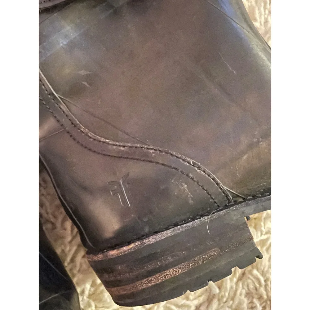 Frye Black Rubber Shearling Tall Riding Rain Boots Buckle Lug Sole Womens Size 8